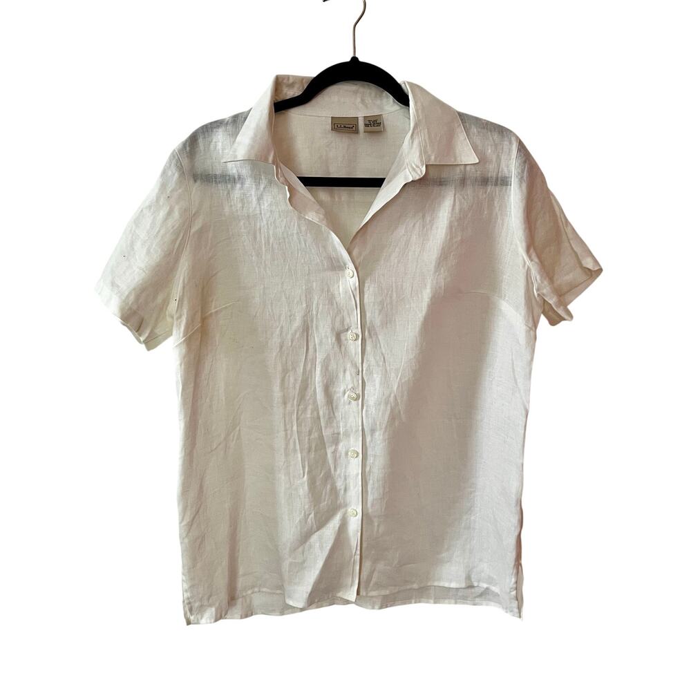 L.L. Bean White Linen Short Sleeve Button Down Shirt SZ M